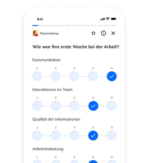 Mockup einer Seite mit Likert-Skala auf dem Handy, auf der ein neuer Mitarbeiter Elemente seines ersten Tages bewertet.