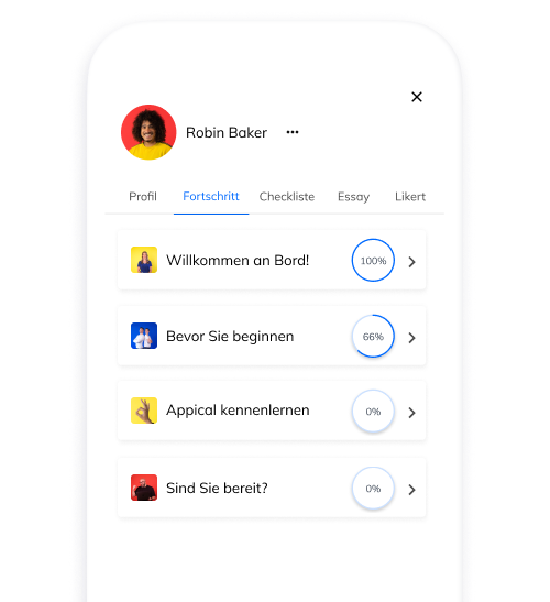 Mockup eines Telefons mit dem Manager-Toolkit, das den Fortschritt des neuen Mitarbeiters in den verschiedenen Kapiteln zeigt