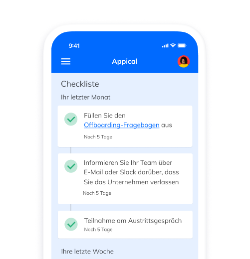 Ein Handy-Mockup einer Offboarding-Checkliste mit den Aufgaben, die der Mitarbeiter vor seinem Ausscheiden erledigen muss