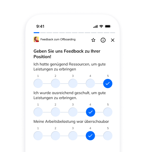 Ein Telefonmodell einer Seite mit einer Likert-Skala, auf der die Mitarbeiter aufgefordert werden, Elemente ihrer Arbeit auf einer Skala von 1-5 zu bewerten