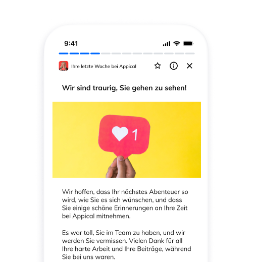 Ein Handy-Mockup mit einer Seite mit einem Foto eines Herzens und einem Text, der besagt, dass der Mitarbeiter vermisst werden wird