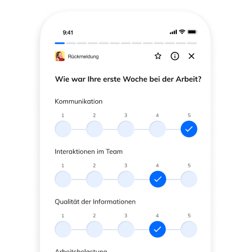 Ein Telefonmodell einer Seite mit einer Likert-Skala, auf der neue Mitarbeiter aufgefordert werden, Elemente ihres ersten Arbeitstages auf einer Skala von 1-5 zu bewerten