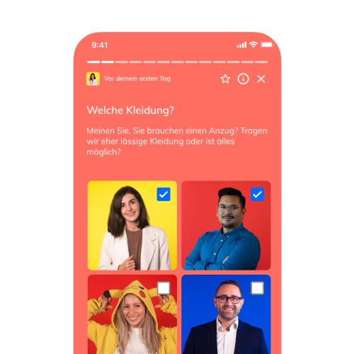 Ein Handy-Mockup, das eine Multiple-Choice-Seite mit dem Titel "Was soll ich zur Arbeit anziehen?" zeigt.