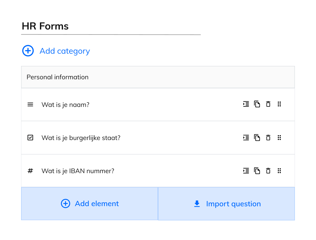 Een mockup van de HR-formulieren in ons product waar gebruikers vragen kunnen stellen aan nieuwe medewerkers, bijvoorbeeld over persoonlijke informatie.