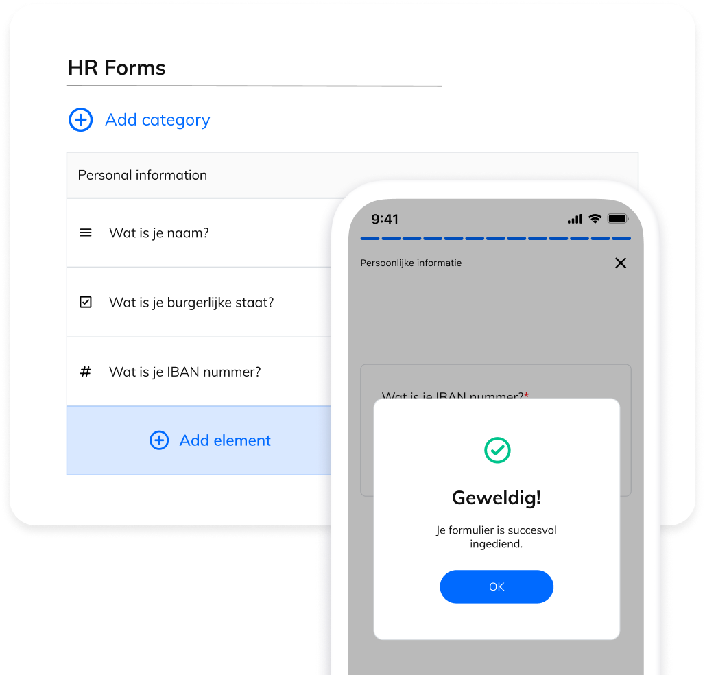 Mockup van HR Formulieren in de Appical app, met vinkje dat het formulier is verzonden