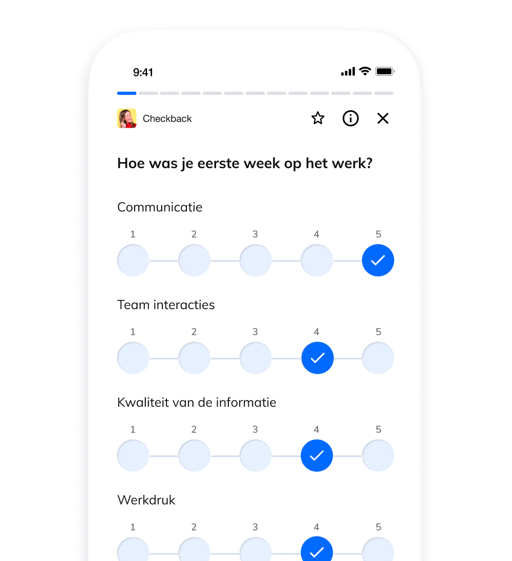 Mockup van een pagina met een Likert-schaal op mobiel, waarop een nieuwe medewerker elementen van zijn eerste dag beoordeelt.