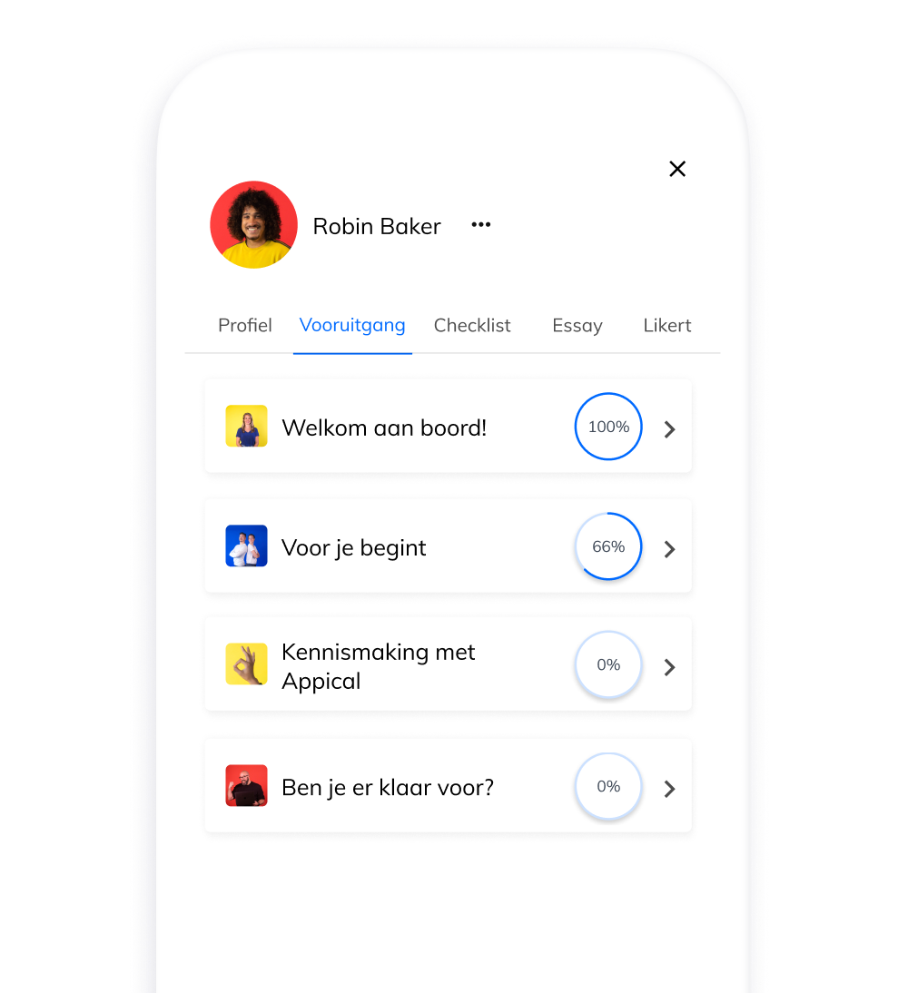 Mockup van een telefoon met de Manager Toolkit die de voortgang van de nieuwe medewerker met verschillende hoofdstukken laat zien