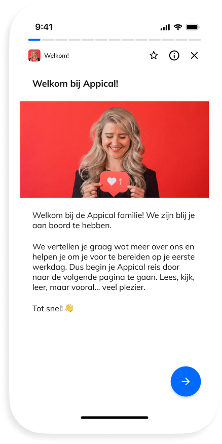 Telefoon mockup van een welkomstpagina met tekst die de nieuwe medewerker welkom heet bij Appical