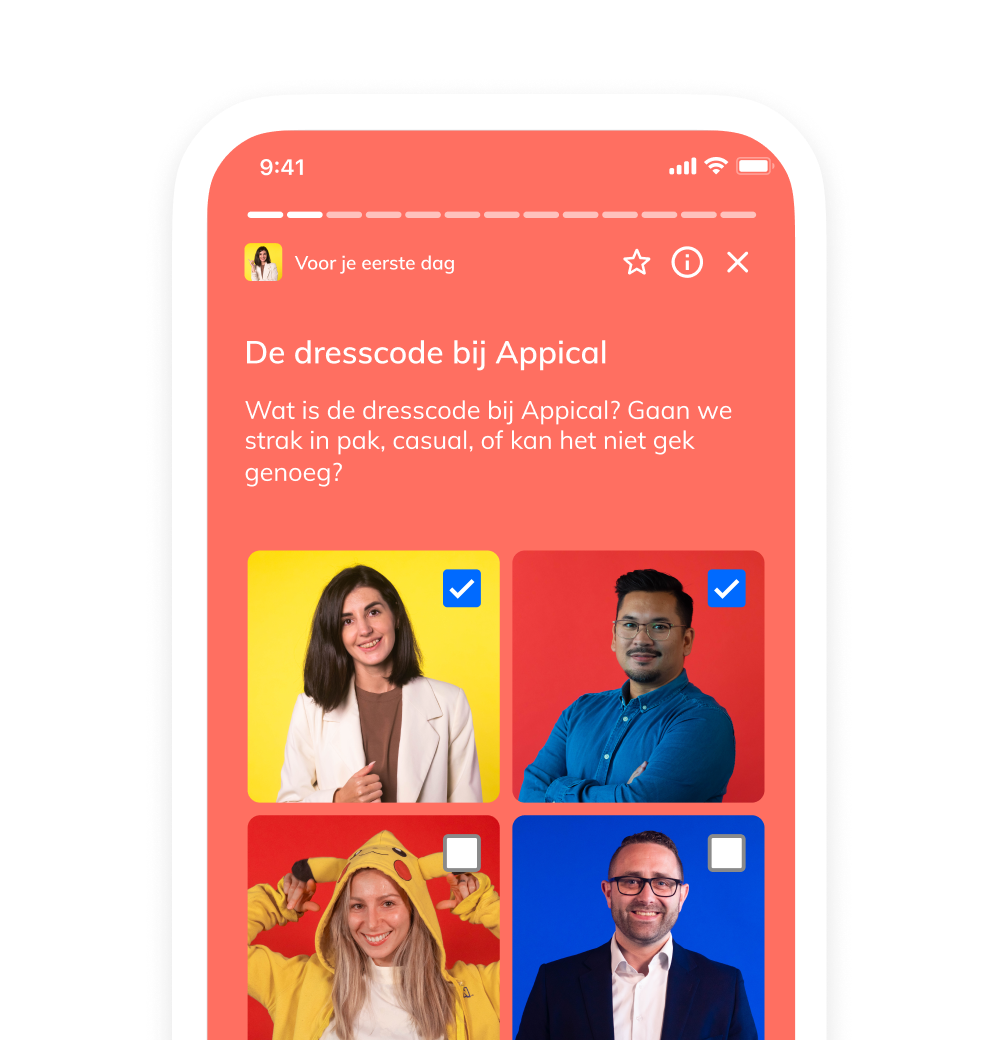 Een mockup van een telefoon met een meerkeuzepagina getiteld 'Wat trek ik aan naar het werk?