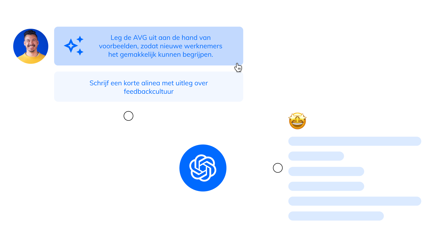 Een mockup van ons product met Appical AI content assistant, waarbij je een vraag stelt aan de content assistant om GDPR uit te leggen met makkelijk te begrijpen voorbeelden voor nieuwe werknemers, met een sparkles-pictogram en emoji's die AI-gegenereerde tekst laten zien.